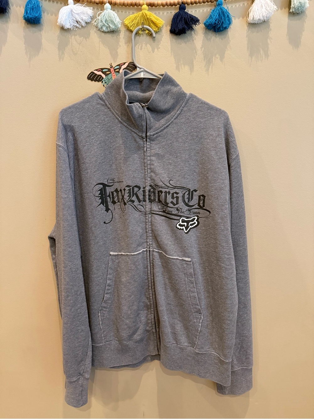 Vintage Fox Gray Full-Zip Kids Hoodie with Graphic Logo